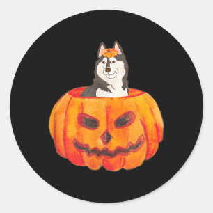 Pegatina Redonda Perro Husky Siberiano Negro Feliz Halloween Calaba