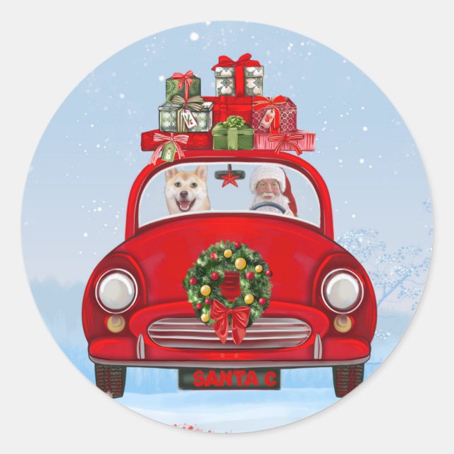 Pegatina Redonda Perro Inu Shiba En Coche Con Santa Claus (Anverso)