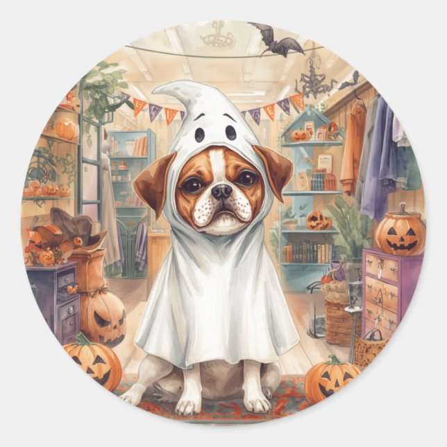 Pegatina Redonda Perro Lindo Fantasma Feliz Halloween  (Anverso)