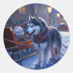 Pegatina Redonda Perro lobo siberiano Temporada festiva de Navidad
