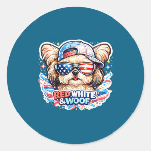 Pegatina Redonda Perro maltés divertido rojo blanco y woof patrióti