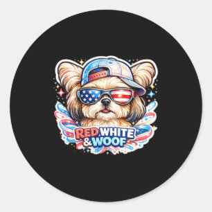 Pegatina Redonda Perro maltés divertido rojo blanco y woof patrióti
