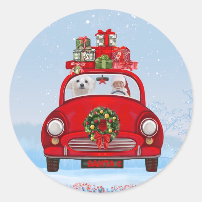 Pegatina Redonda Perro maltés en coche con Papá Noel  (Anverso)