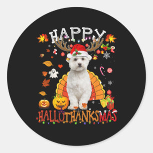 Pegatina Redonda Perro maltés Navidades de Halloween Perro feliz Ha