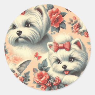 Pegatina Redonda Perro maltés vintage
