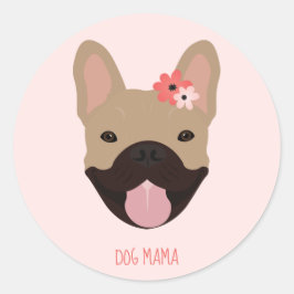 Pegatina Redonda Perro Mamá Bulldoges franceses flores sonrientes r