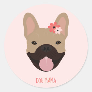 Pegatina Redonda Perro Mamá Bulldoges franceses flores sonrientes r
