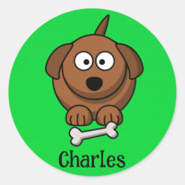 Pegatina Redonda Perro marrón con hueso personalizado en verde