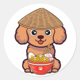 Pegatina Redonda Perro marrón gracioso come fideos