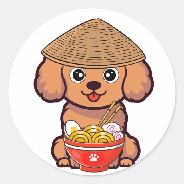Pegatina Redonda Perro marrón gracioso come fideos (Anverso)