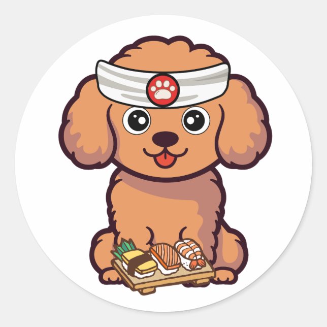 Pegatina Redonda Perro marrón gracioso es un chef de sushi (Anverso)