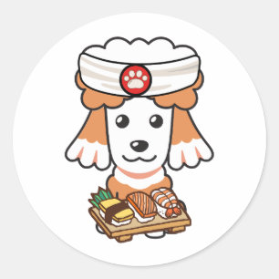 Pegatina Redonda Perro marrón gracioso es un chef de sushi
