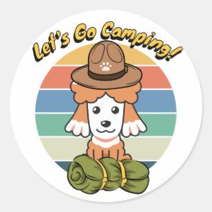 Pegatina Redonda Perro marrón gracioso quiere ir de campamento