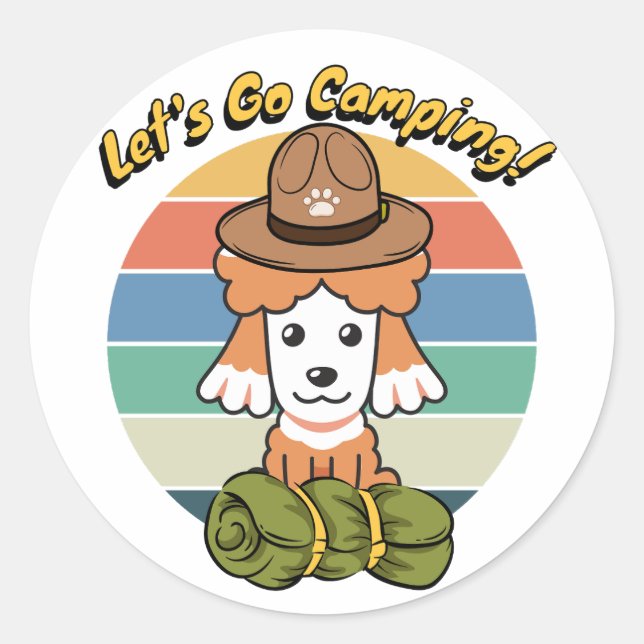 Pegatina Redonda Perro marrón gracioso quiere ir de campamento (Anverso)