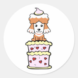 Pegatina Redonda Perro marrón gracioso saltando de un pastel