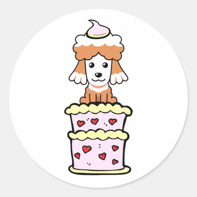 Pegatina Redonda Perro marrón gracioso saltando de un pastel (Anverso)