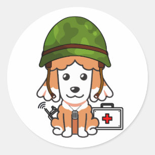 Pegatina Redonda Perro marrón lindo con casco del ejército