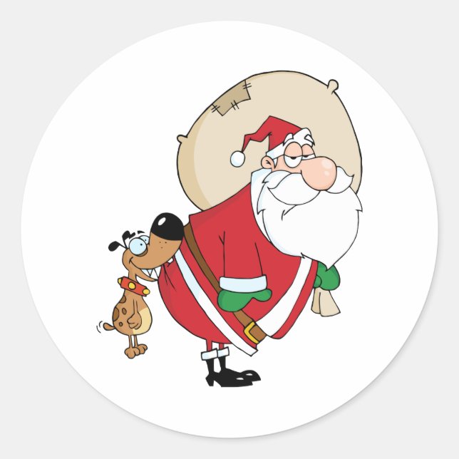 Pegatina Redonda Perro mordiendo a un Papá Noel (Anverso)