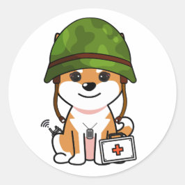 Pegatina Redonda Perro Naranja con casco militar