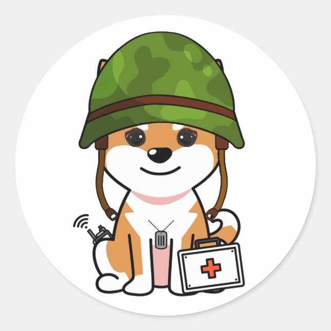 Pegatina Redonda Perro Naranja con casco militar (Anverso)