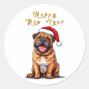 Pegatina Redonda Perro Navideño Adorable con Gorro de Papá Noel