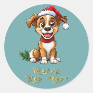 Pegatina Redonda Perro Navideño Adorable con Gorro de Papá Noel