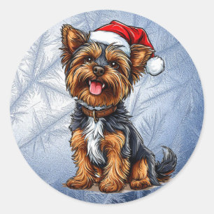 Pegatina Redonda Perro Navideño Adorable con Sombrero de Santa