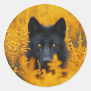 Pegatina Redonda Perro negro con ojos de oro asombrosos