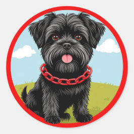 Pegatina Redonda Perro negro lindo con collar rojo en estilo de dib