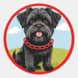 Pegatina Redonda Perro negro lindo con collar rojo en estilo de dib
