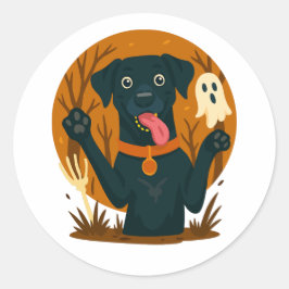 Pegatina Redonda Perro negro lindo y espeluznante con fantasma 