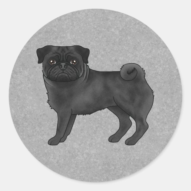 Pegatina Redonda Perro negro pug parado Ilustracion Personalizado l (Anverso)