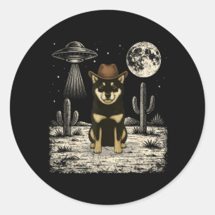 Pegatina Redonda Perro occidental cowboy divertido Shiba Inu Ovni