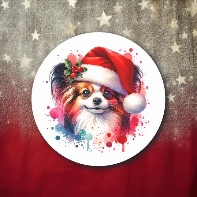 Pegatina Redonda Perro Papillon en Navidades de Santa Hat (Subido por el creador)