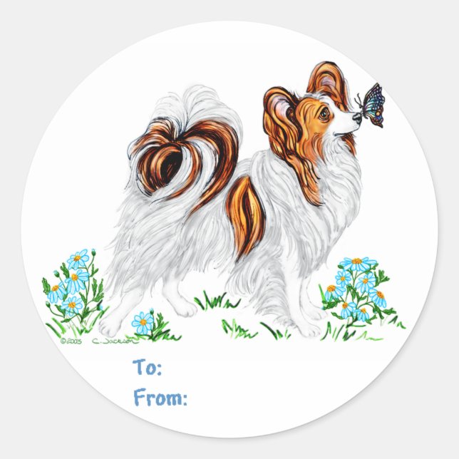 Pegatina Redonda Perro Papillon y ojo de mariposa a ojo (Anverso)