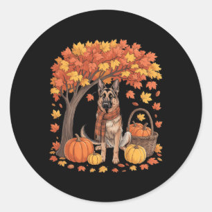 Pegatina Redonda Perro Pastor Alemán Bufanda de Otoño Calabaza Más