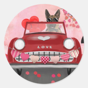 Pegatina Redonda Perro pastor alemán Coche con corazones San Valent