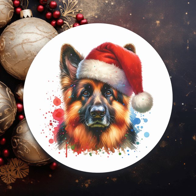 Pegatina Redonda Perro pastor alemán en Navidades de Santa Hat (Subido por el creador)