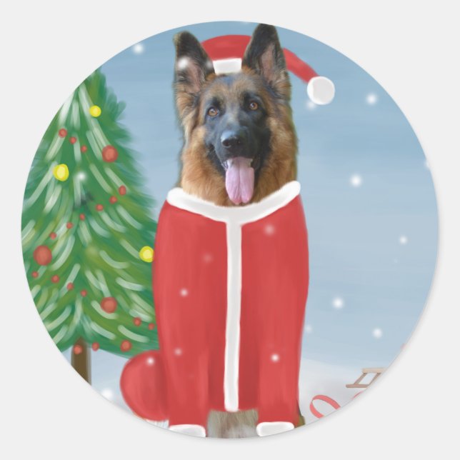 Pegatina Redonda Perro pastor alemán en nieve con regalos de Navida (Anverso)