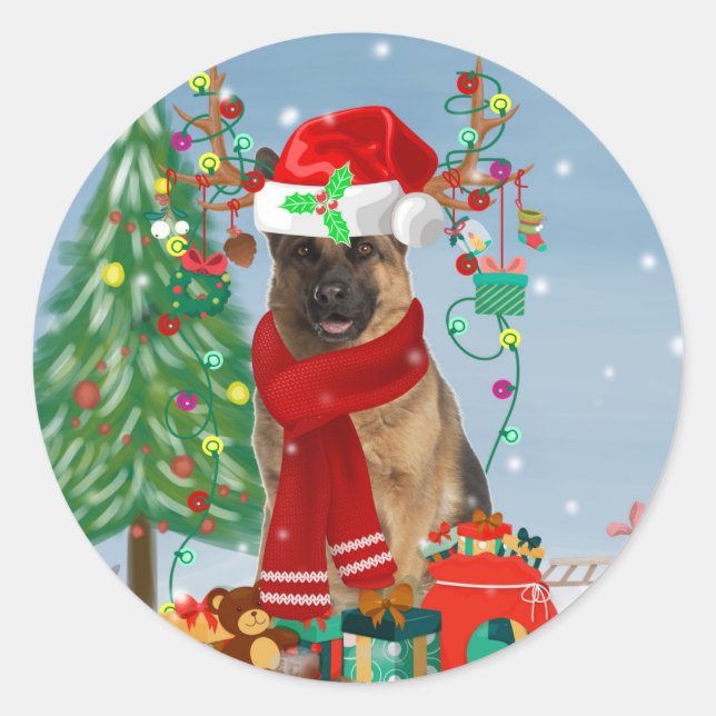 Pegatina Redonda Perro pastor alemán en nieve con regalos de Navida (Anverso)