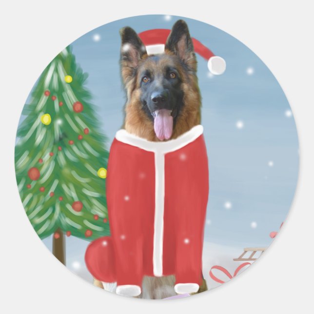 Pegatina Redonda Perro pastor alemán en nieve con regalos de Navida (Anverso)