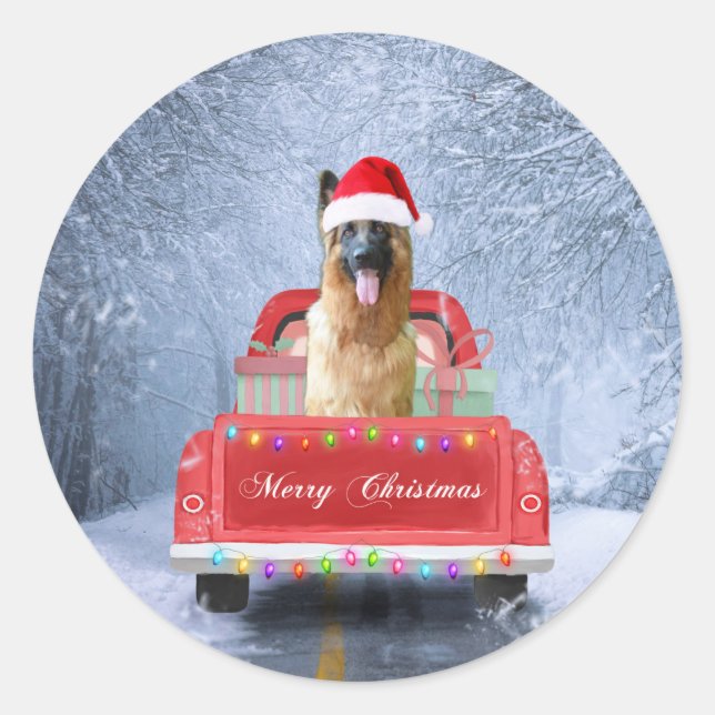 Pegatina Redonda Perro pastor alemán en nieve sentado en Navidades (Anverso)