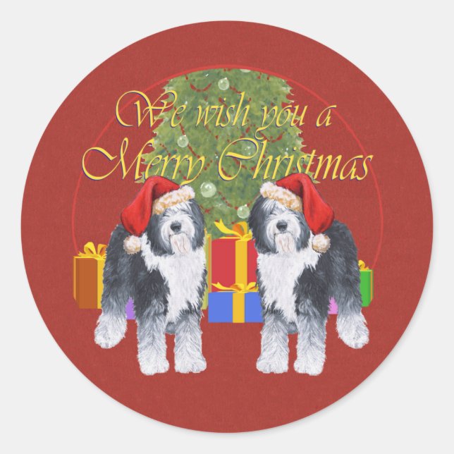 Pegatina Redonda Perro pastor inglés antiguo de Navidad (Anverso)