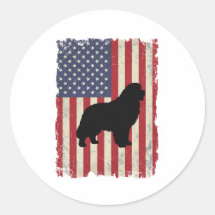 Pegatina Redonda Perro Patriótico de Terranova Bandera Americana Vi
