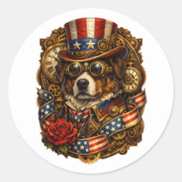 Pegatina Redonda Perro Patriótico Steampunk