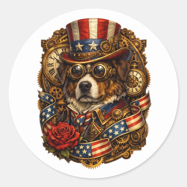 Pegatina Redonda Perro Patriótico Steampunk (Anverso)