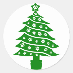 Pegatina Redonda Perro Paw Imprimir árbol verde de Navidad