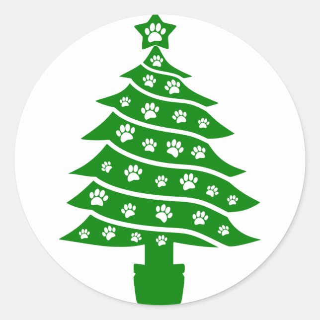 Pegatina Redonda Perro Paw Imprimir árbol verde de Navidad (Anverso)