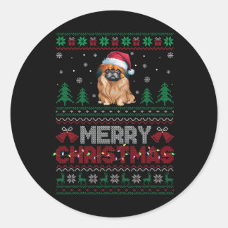 Pegatina Redonda Perro Pekín adora Santa Hat Árbol de Navidad
