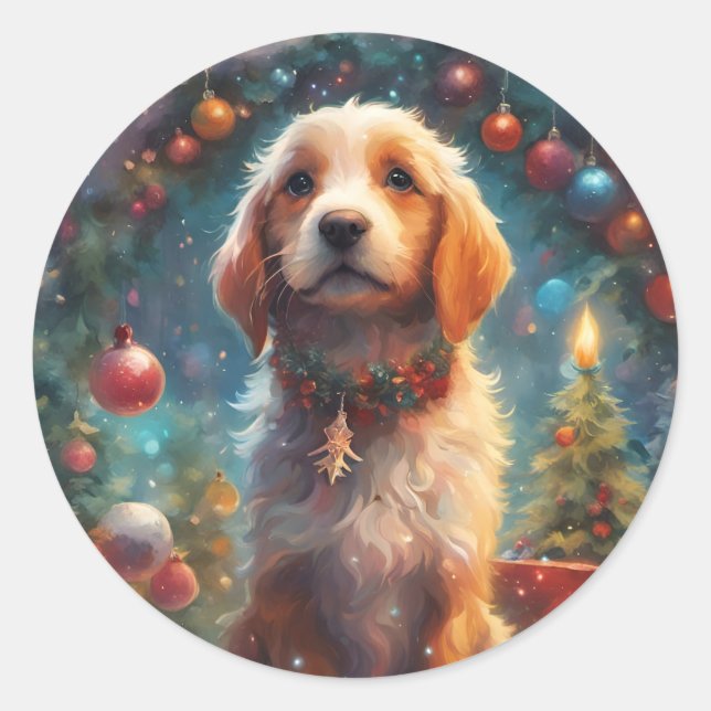Pegatina Redonda Perro picante navideño, Mascota navideño (Anverso)